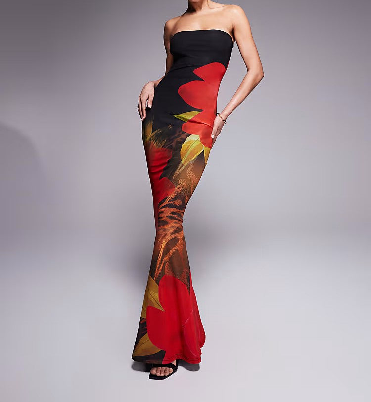 Black and red floral print tube top fishtail maxi dress