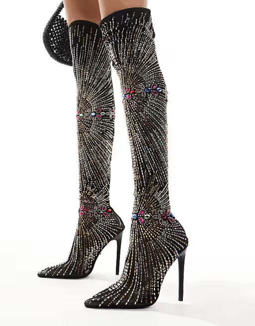 Stretch mesh rhinestone over-the-knee boots