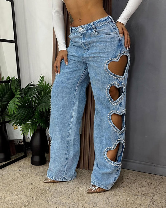 Heart rhinestone jeans