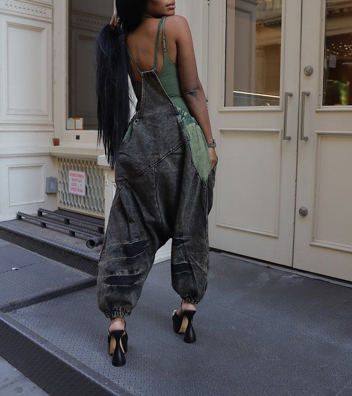 Distressed denim overalls