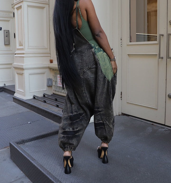 Distressed denim overalls