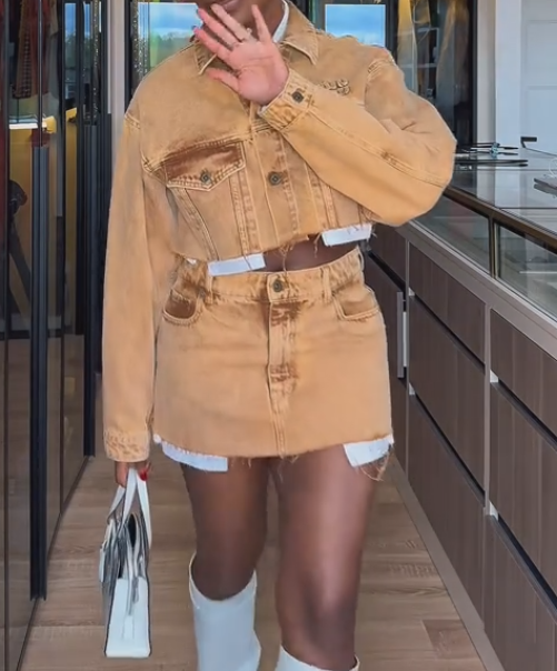 Short long-sleeved denim jacket + short skirt set