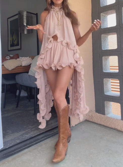 Chiffon Wave Ruffle Halter Neck Irregular A-Line Top + Shorts Set