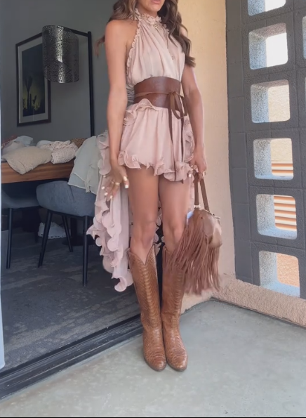 Chiffon Wave Ruffle Halter Neck Irregular A-Line Top + Shorts Set