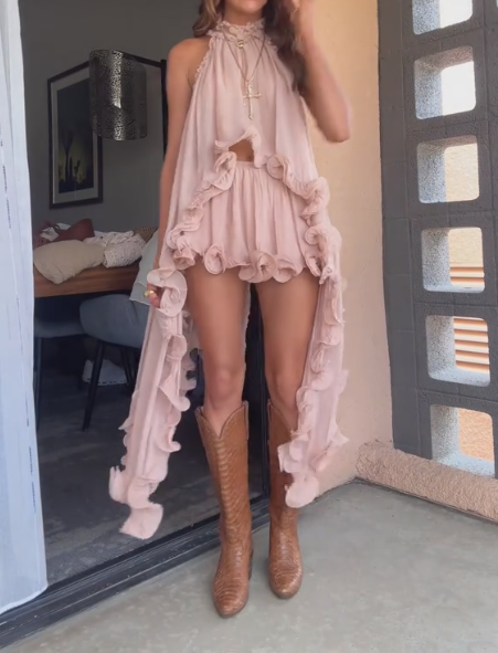 Chiffon Wave Ruffle Halter Neck Irregular A-Line Top + Shorts Set