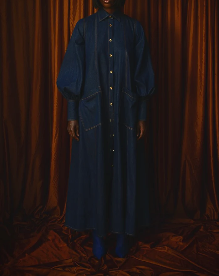 MAXI FLARED SHIRT DRESS IN DARK DENIM