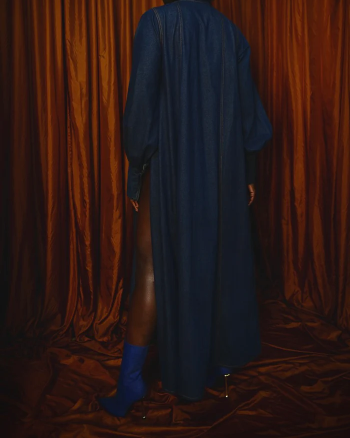 MAXI FLARED SHIRT DRESS IN DARK DENIM