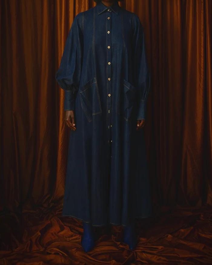 MAXI FLARED SHIRT DRESS IN DARK DENIM