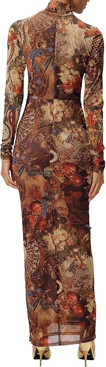 Baroque print fitted long sleeve dress