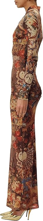 Baroque print fitted long sleeve dress