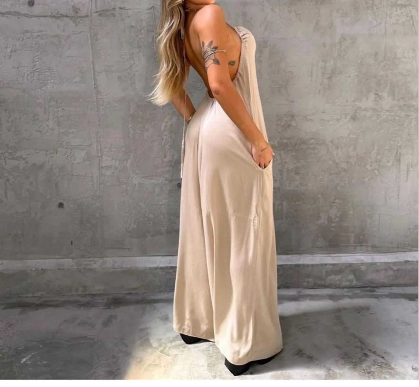 Solid color casual wide-leg jumpsuit
