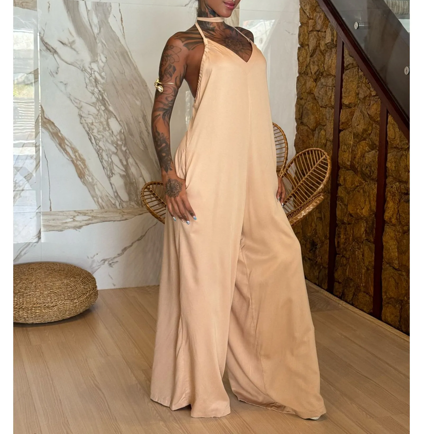 Solid color casual wide-leg jumpsuit