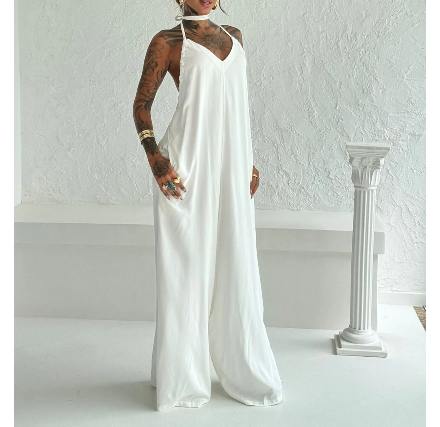 Solid color casual wide-leg jumpsuit