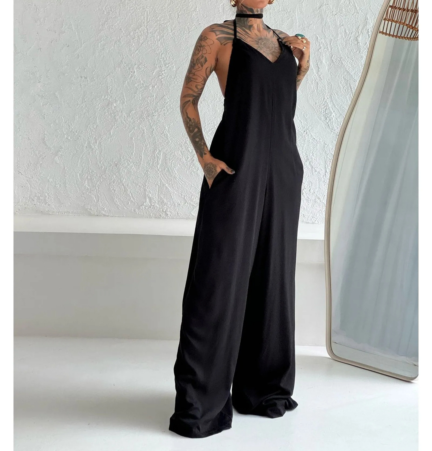 Solid color casual wide-leg jumpsuit