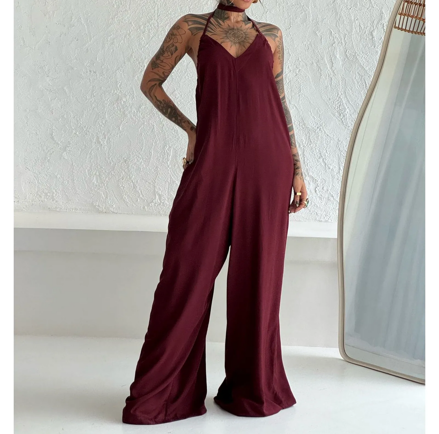 Solid color casual wide-leg jumpsuit