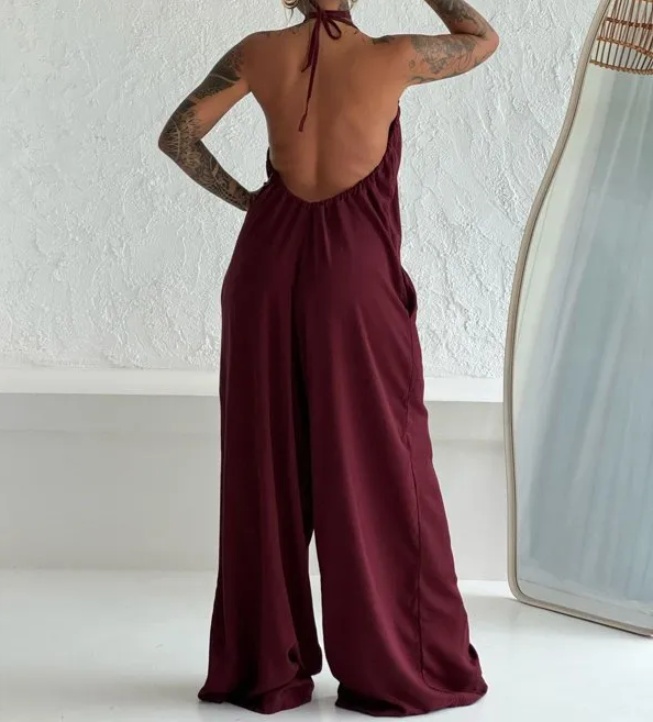 Solid color casual wide-leg jumpsuit
