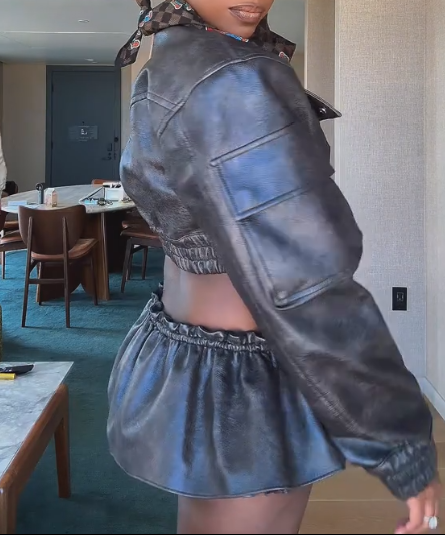 Stand collar high waist leather short jacket + ultra short flower bud leather skirt pants