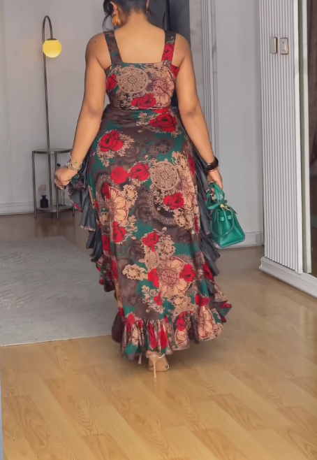 V-neck rose print ruffled maxi skirt