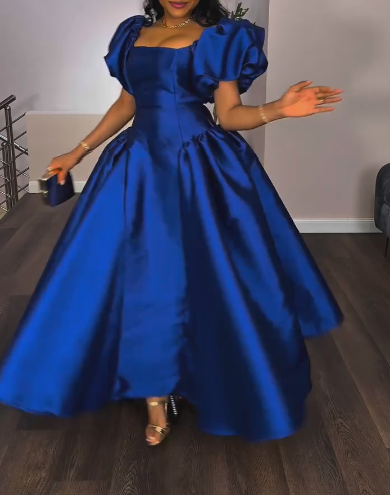 Satin Puff Sleeve Waist Long Dress