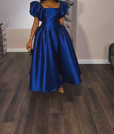 Satin Puff Sleeve Waist Long Dress