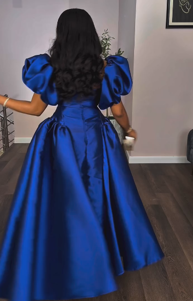 Satin Puff Sleeve Waist Long Dress