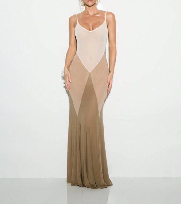 Sheer Mesh Panel Mermaid Maxi Dress