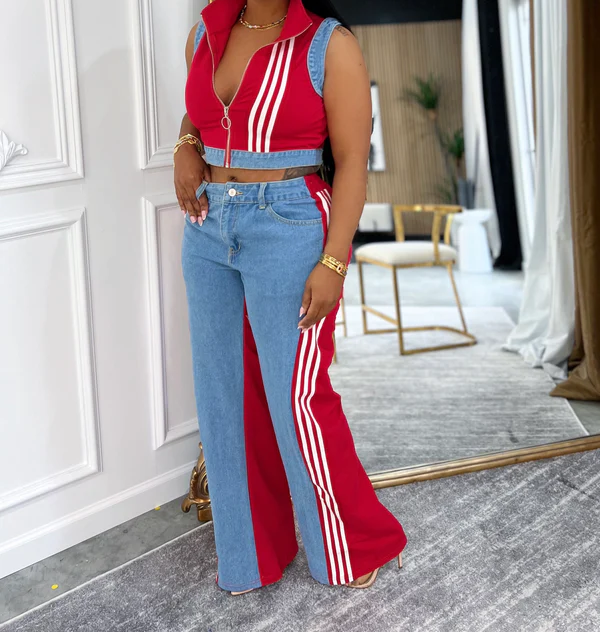 Loose-fitting patchwork denim top and wide-leg pants two-piece set