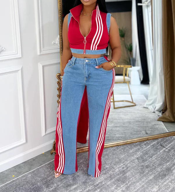 Loose-fitting patchwork denim top and wide-leg pants two-piece set