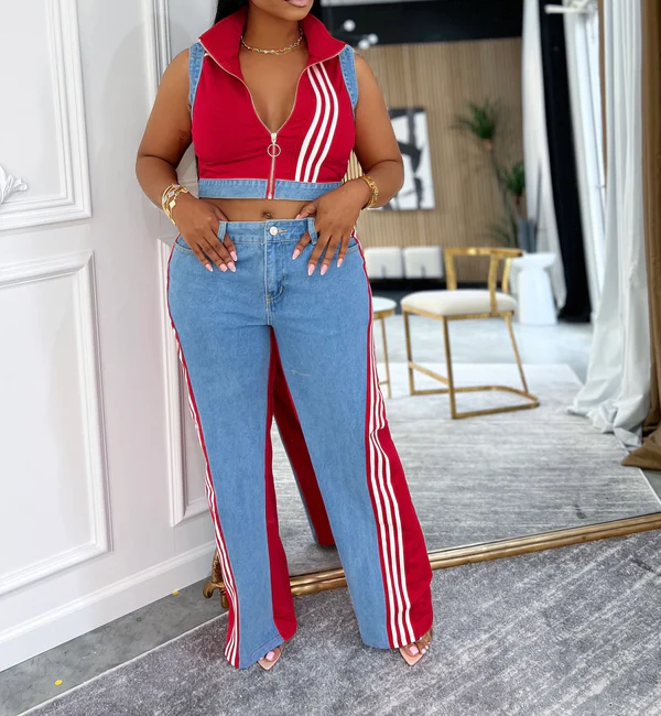 Loose-fitting patchwork denim top and wide-leg pants two-piece set