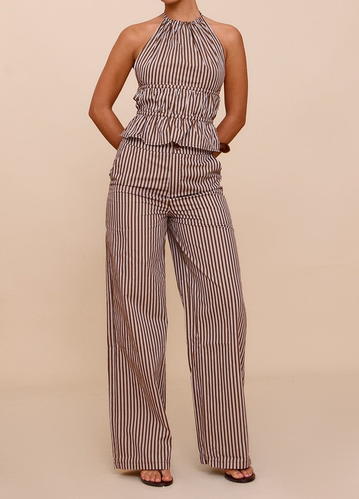 Striped Braided Pleated Halter Top + Pants Two-Piece Set