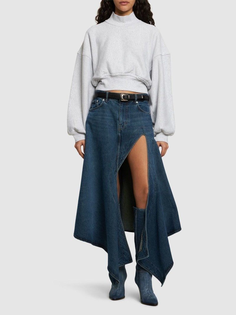 Denim asymmetric slit midi skirt