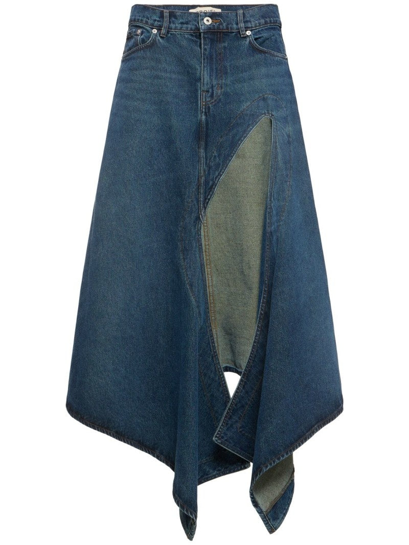 Denim asymmetric slit midi skirt