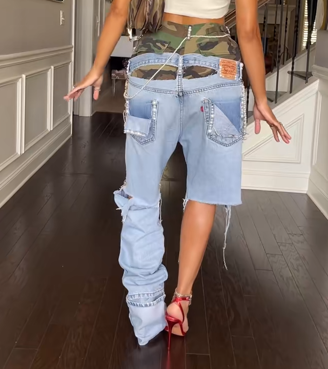 Fake two-piece asymmetric leg beaded jeans