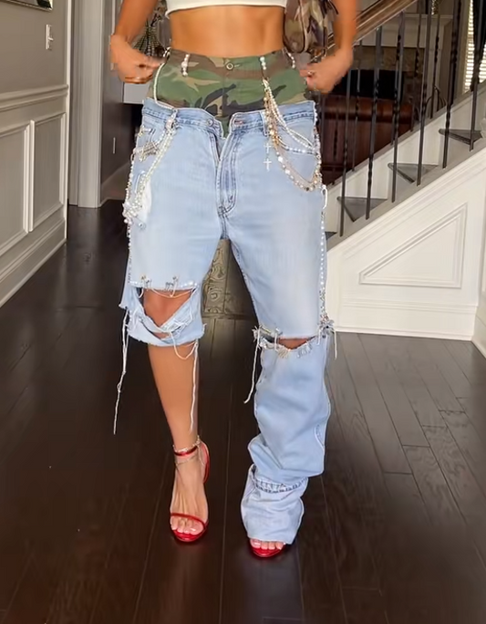 Fake two-piece asymmetric leg beaded jeans