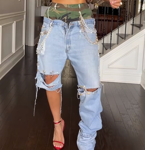 Fake two-piece asymmetric leg beaded jeans