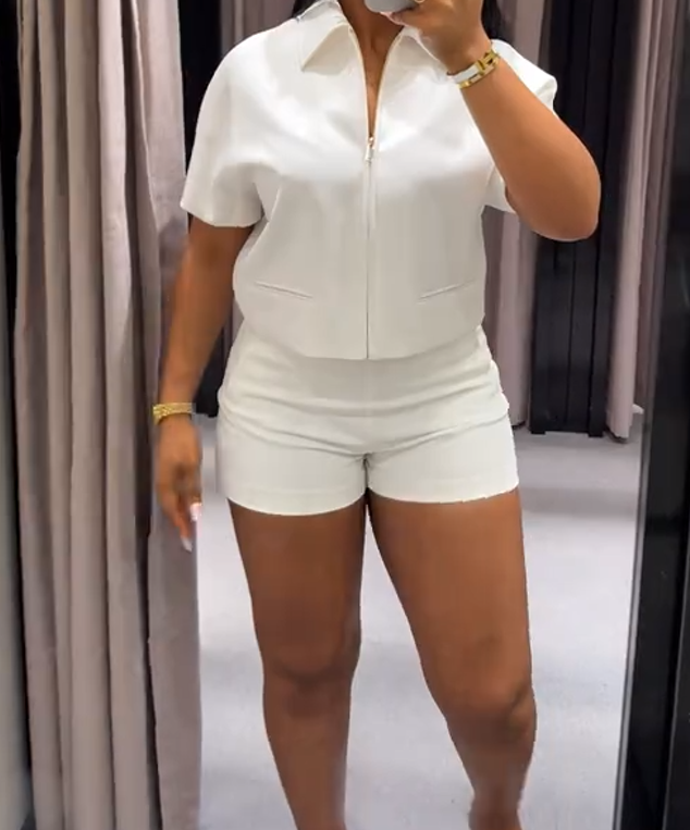 Lapel short-sleeved jacket + shorts two-piece set
