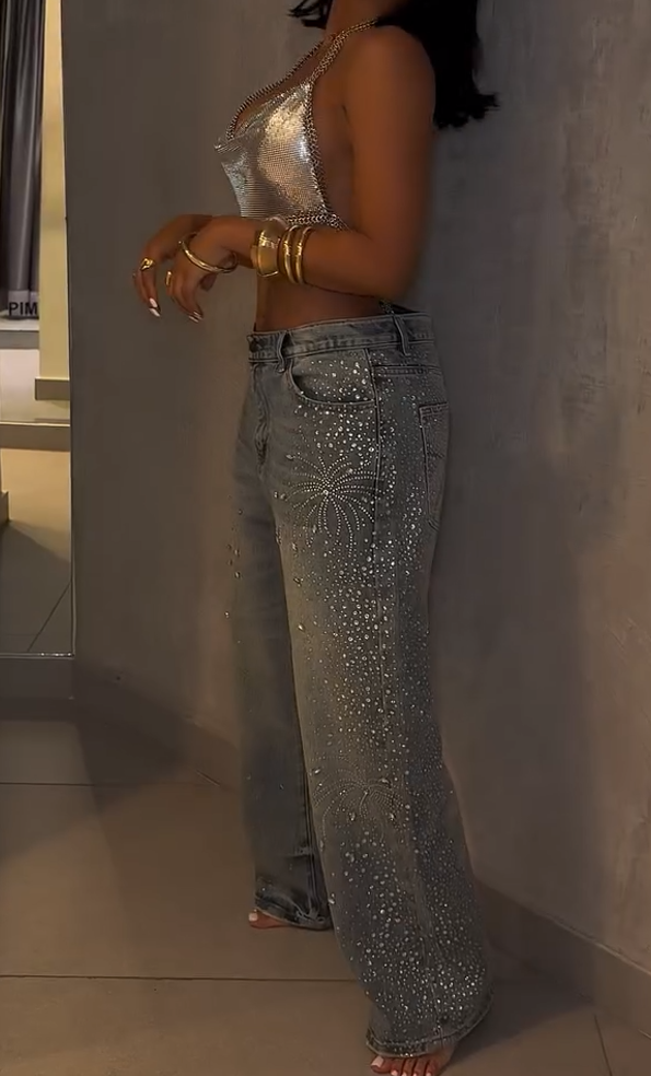 New style rhinestone denim trousers