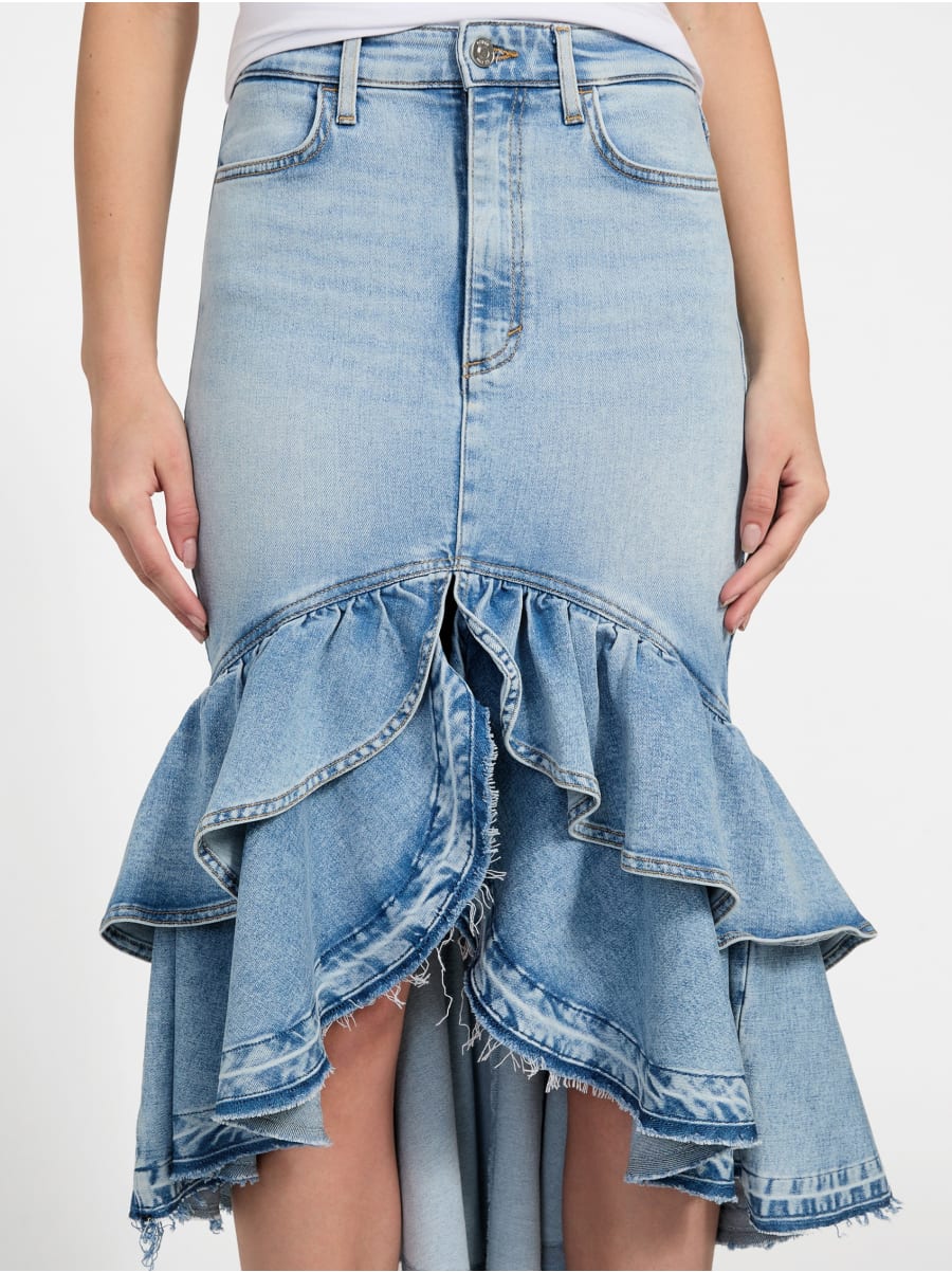 Layered Hem Denim High Waist Midi Skirt