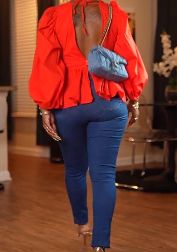 Puff Sleeve Backless V-Neck Top