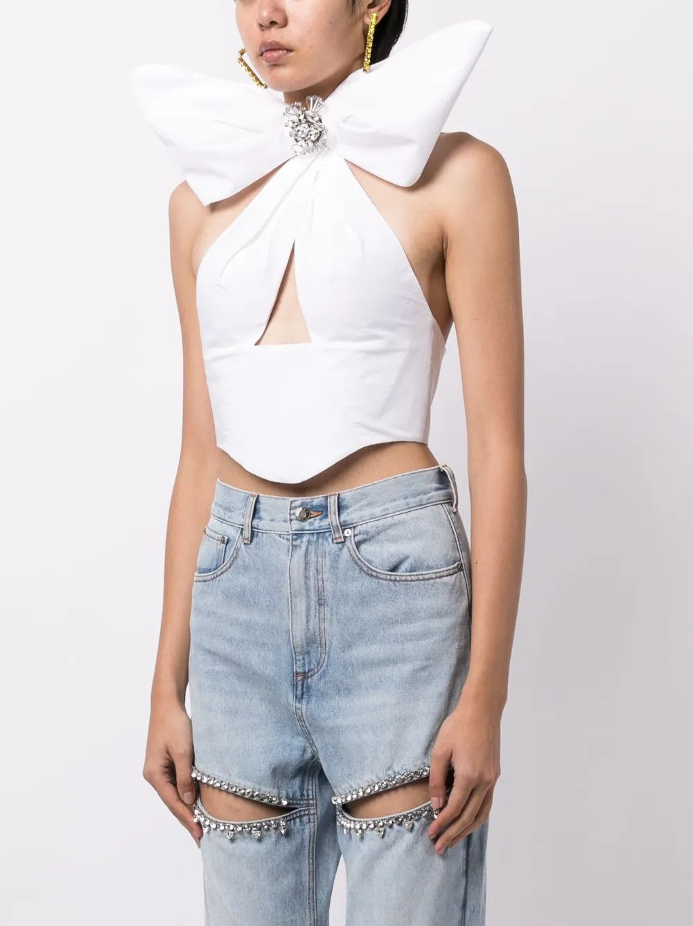 Distressed Crystal Bow Halter Top in White