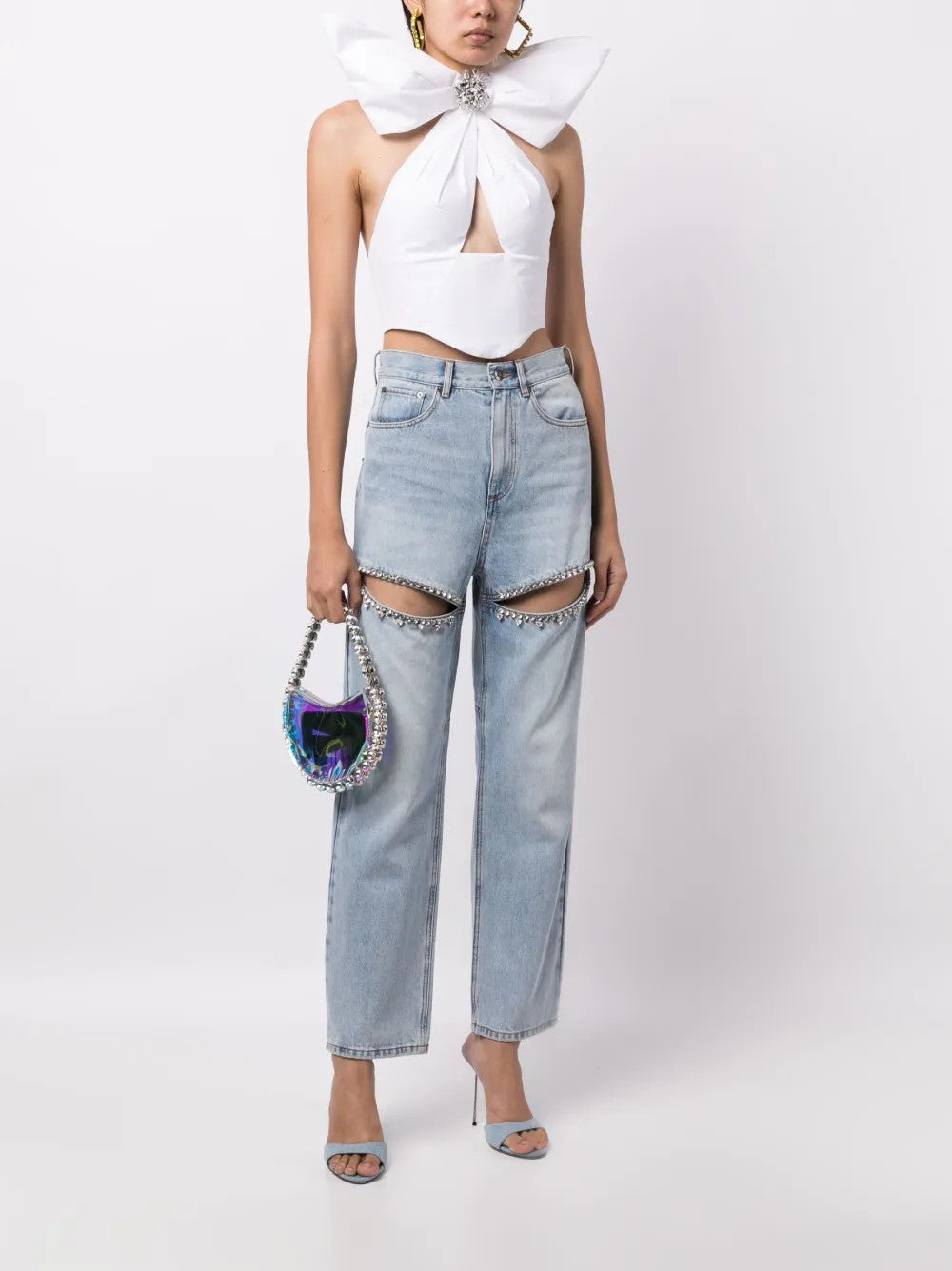 Distressed Crystal Bow Halter Top in White
