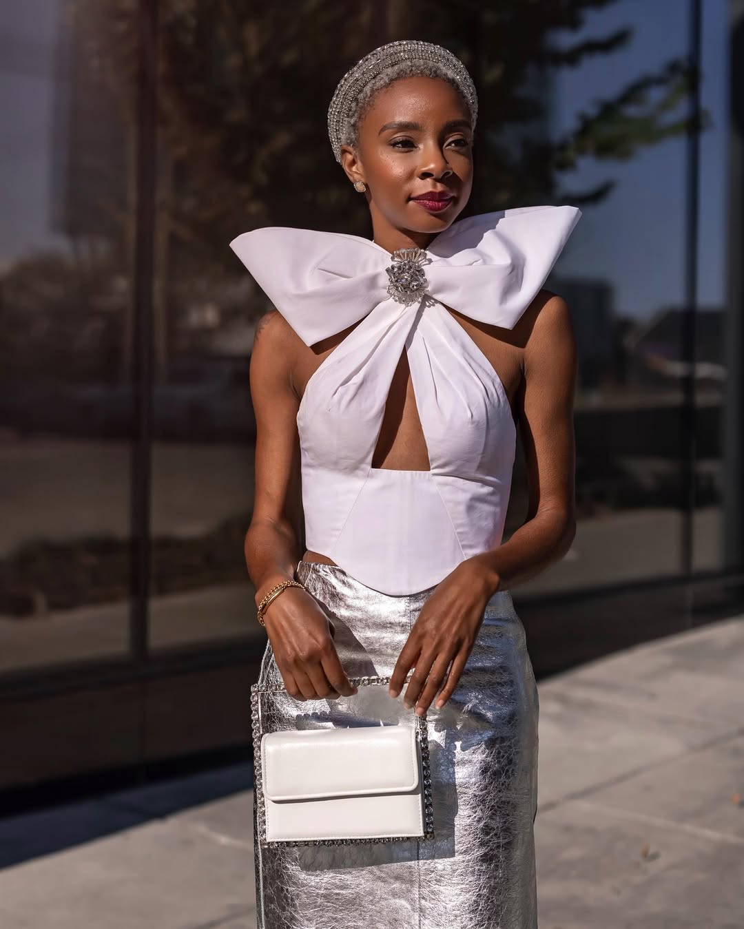 Distressed Crystal Bow Halter Top in White