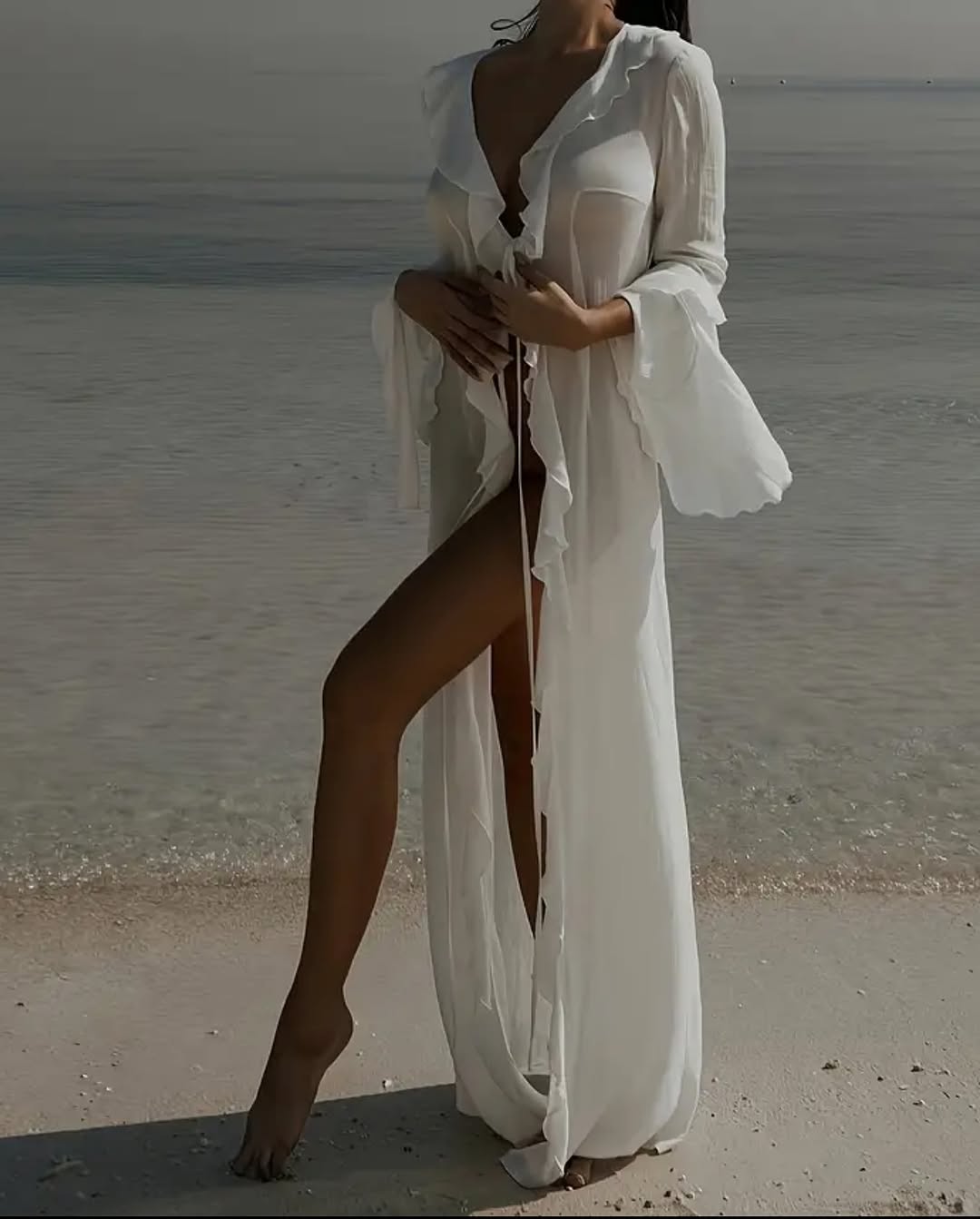 Women's see-through long cardigan with flared sleeves