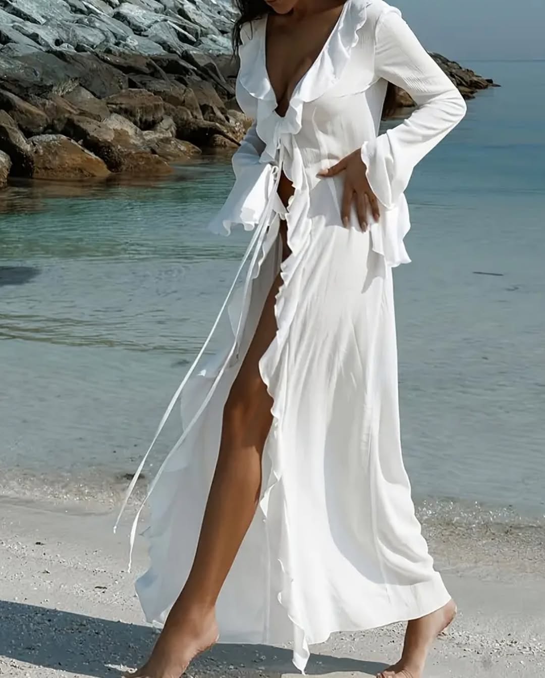 Women's see-through long cardigan with flared sleeves