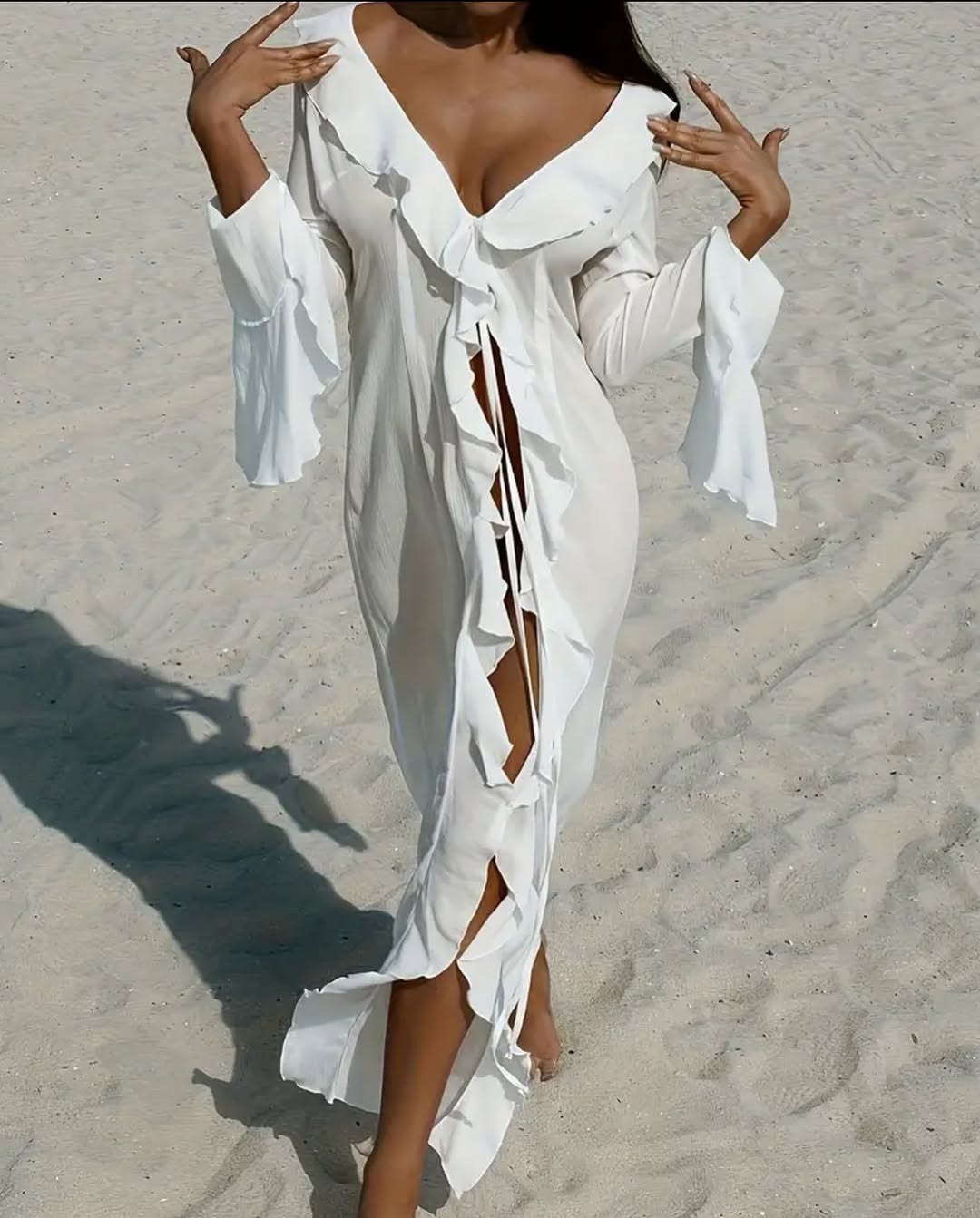 Women's see-through long cardigan with flared sleeves