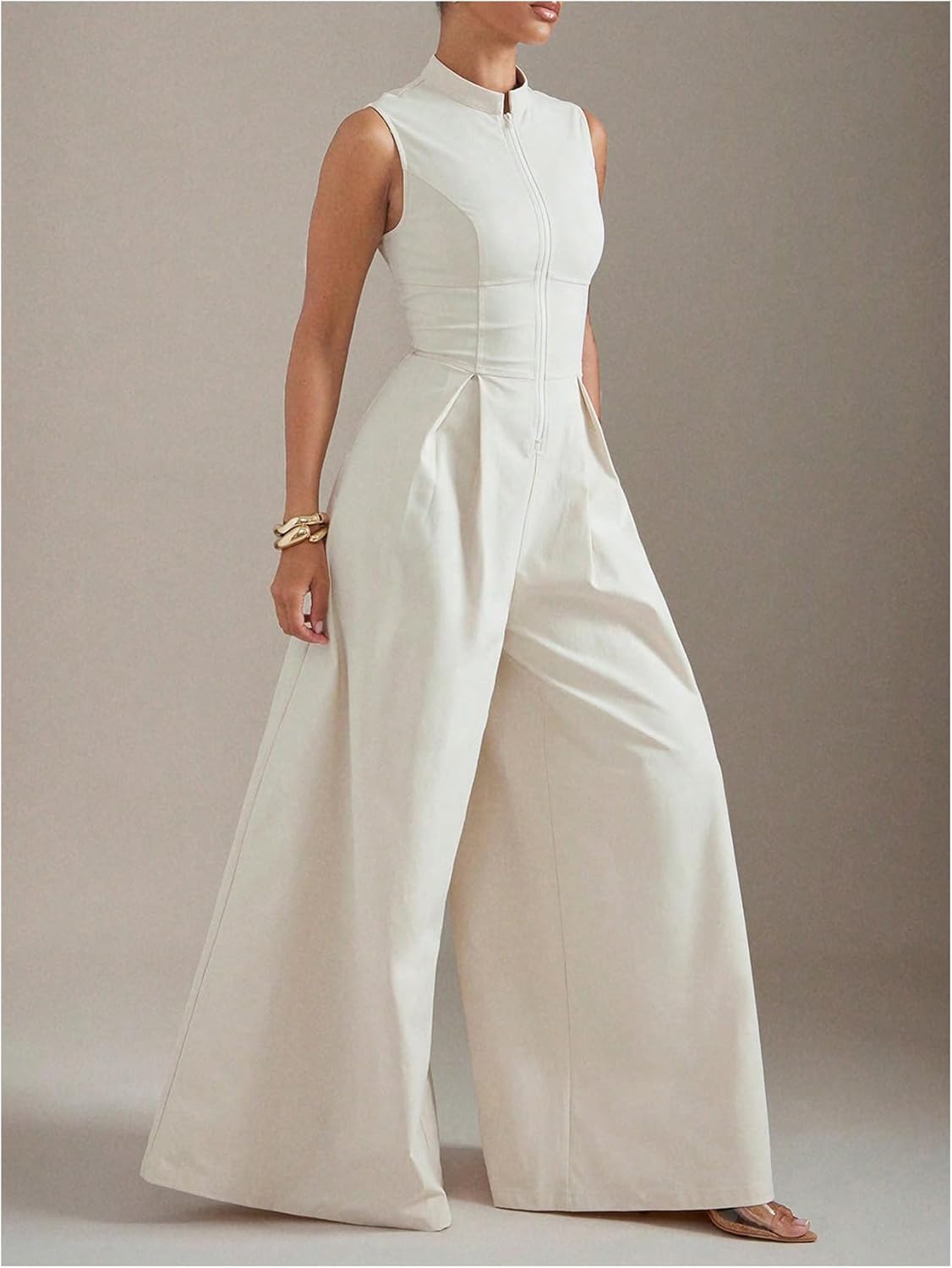 Women's Zippered Wide Leg Jumpsuit Sleeveless Bodysuit