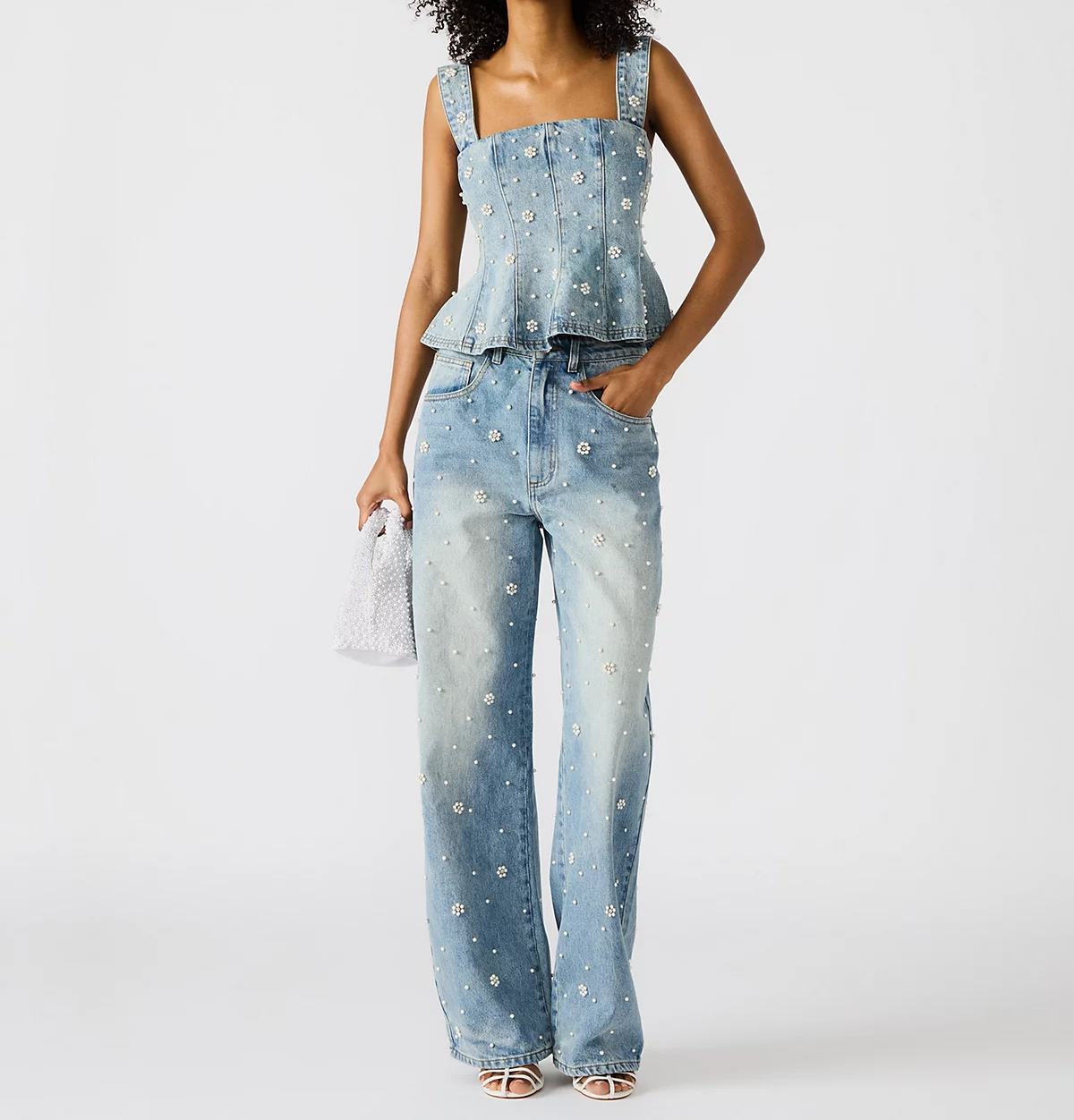 Pearl waist denim top + jeans set