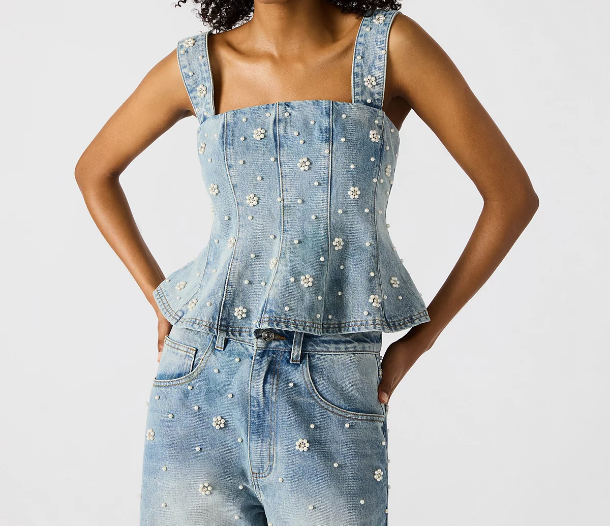 Pearl waist denim top + jeans set