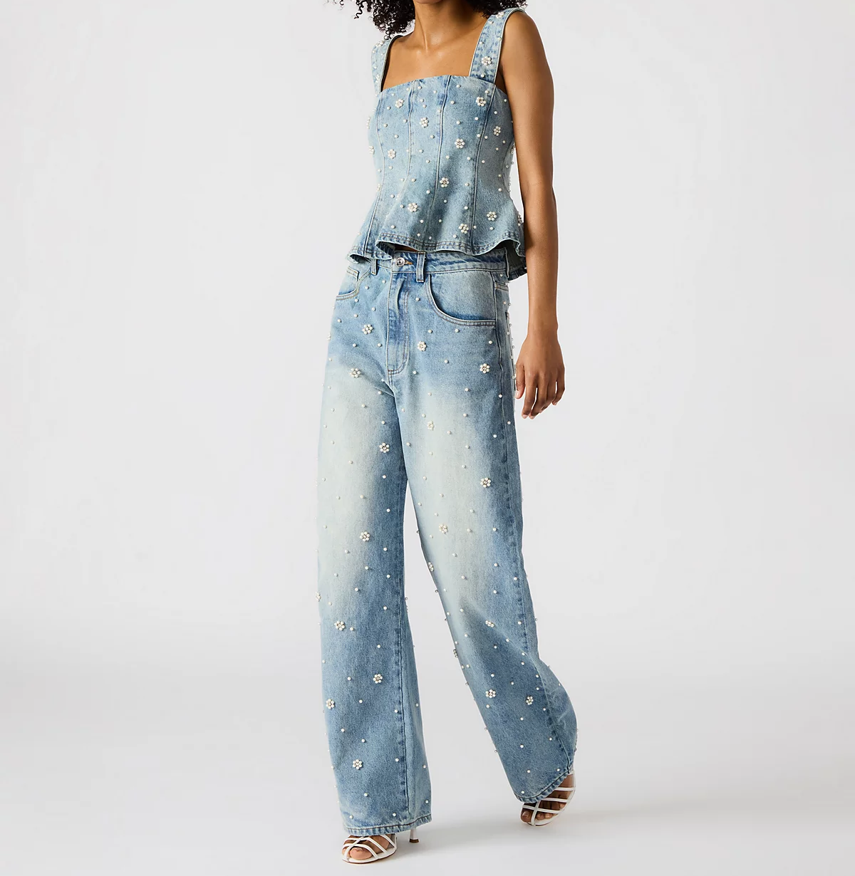 Pearl waist denim top + jeans set