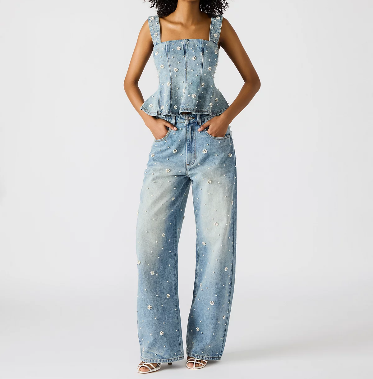 Pearl waist denim top + jeans set